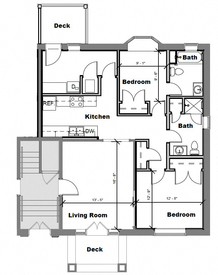 Floor plan for 2 beds, 2 baths, 981 sqft